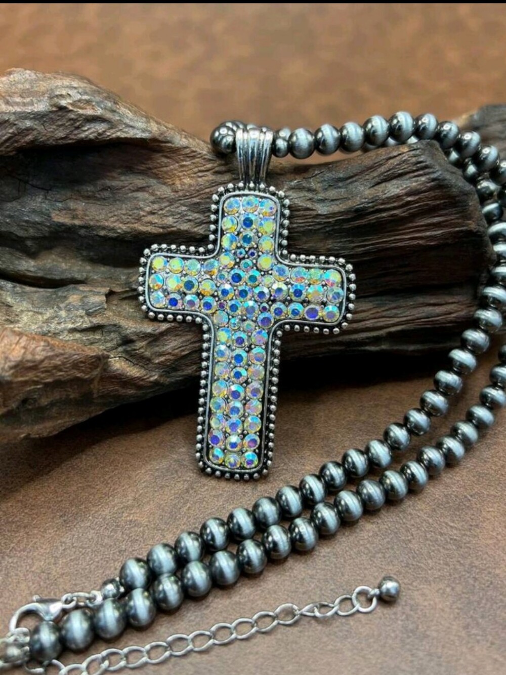 Aurora Opal Cross Pendant Necklace - Iridescent Blue Accent